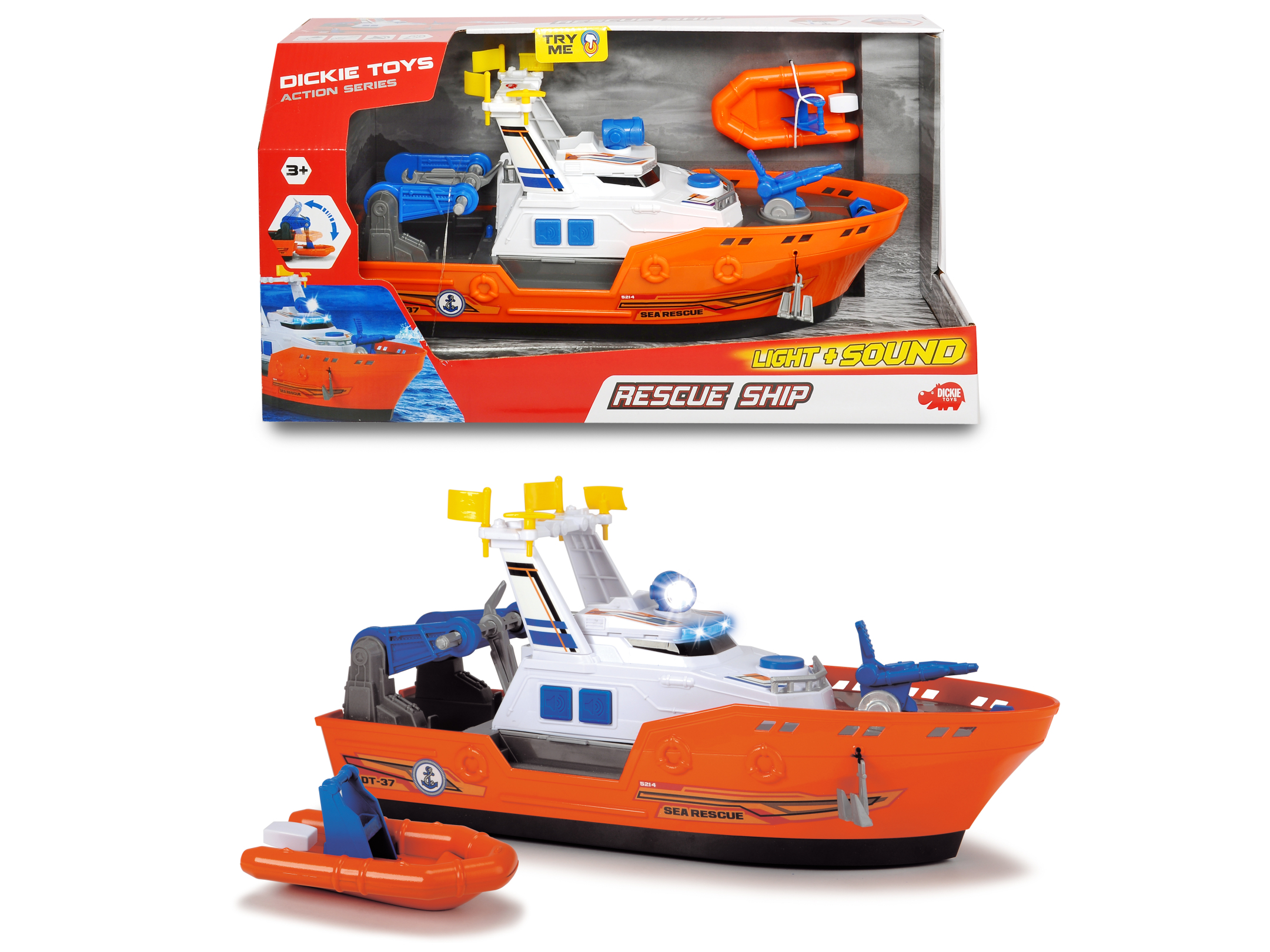 39 cm Mehrfarbig Dickie Toys 203308375 Harbour Rescue 203308375-Harbour Rettungsschiff mit Licht & Sound manuelle Wasserpumpe